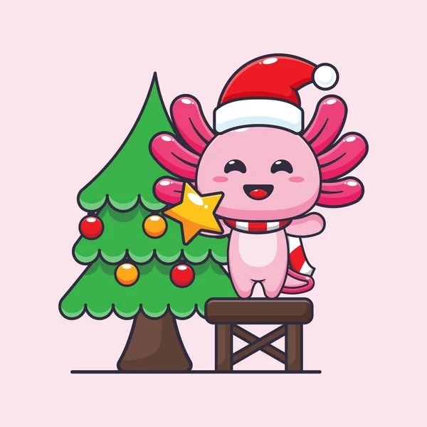 Cute Axolotl Taking Star Christmas Tree Cute Christmas Cartoon Character — Stockový vektor
