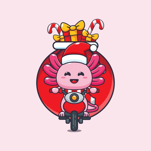 Cute Axolotl Carrying Christmas Gift Motorcycle Cute Christmas Cartoon Character — Stockový vektor