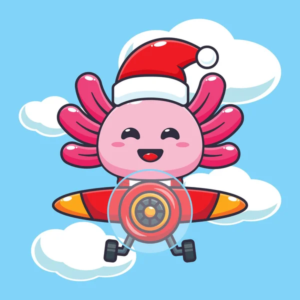 Cute Axolotl Wearing Santa Hat Flying Plane Cute Christmas Cartoon — Stockový vektor