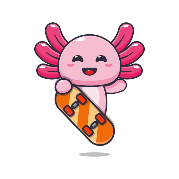 かわいいですAxolotlマスコット漫画のキャラクターとスケートボード — ストックベクタ