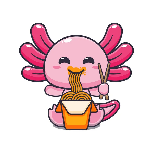 Cute Axolotl Eating Noodle Cartoon Vector Illustration — Wektor stockowy