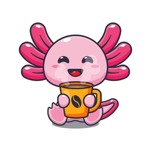 かわいいですAxolotlとともに熱いコーヒー漫画のベクトルイラスト — ストックベクタ