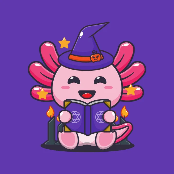 Witch Axolotl Reading Spell Book Cute Halloween Cartoon Illustration — Stockový vektor