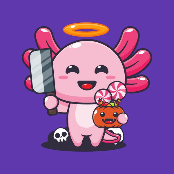 Cute Bad Angel Axolotl Holding Machete Halloween Day Cute Halloween — ストックベクタ