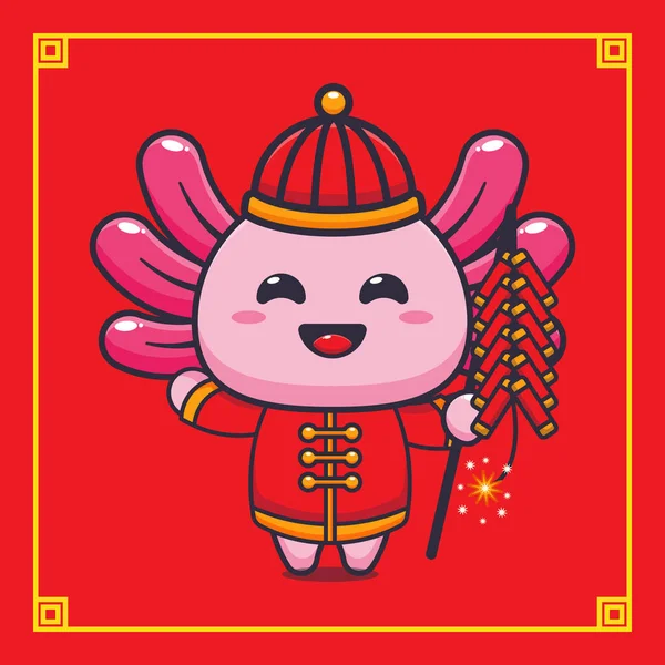 Cute Axolotl Playing Firecrackers Chinese New Year — Stock Vector