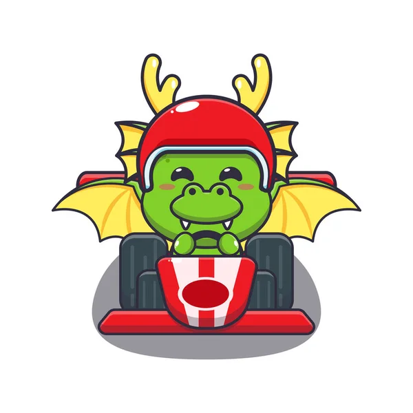 Cute Dragon Mascot Cartoon Character Riding Race Car — Vector de stock