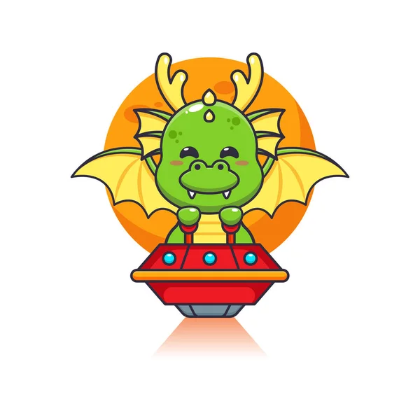 Cute Dragon Mascot Cartoon Character Fly Ufo — Archivo Imágenes Vectoriales