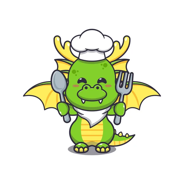 Cute Chef Dragon Mascot Cartoon Character Holding Spoon Fork — Vector de stock