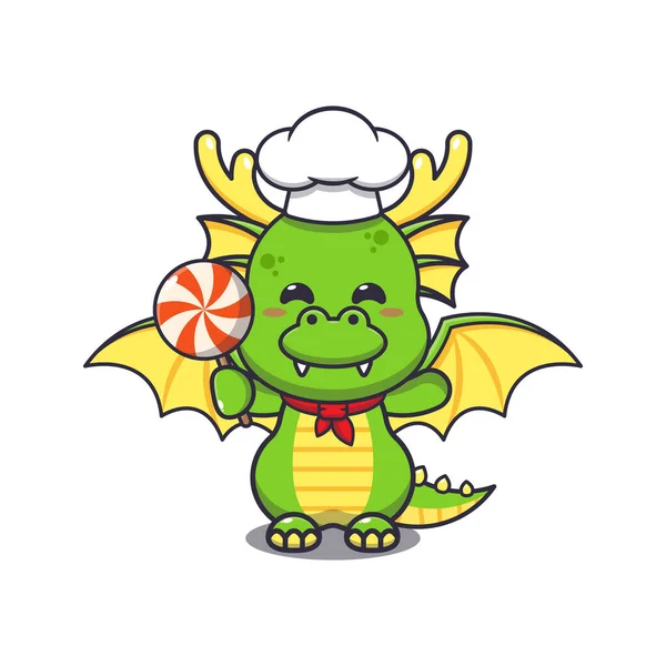 Cute Chef Dragon Mascot Cartoon Character Holding Candy — Archivo Imágenes Vectoriales