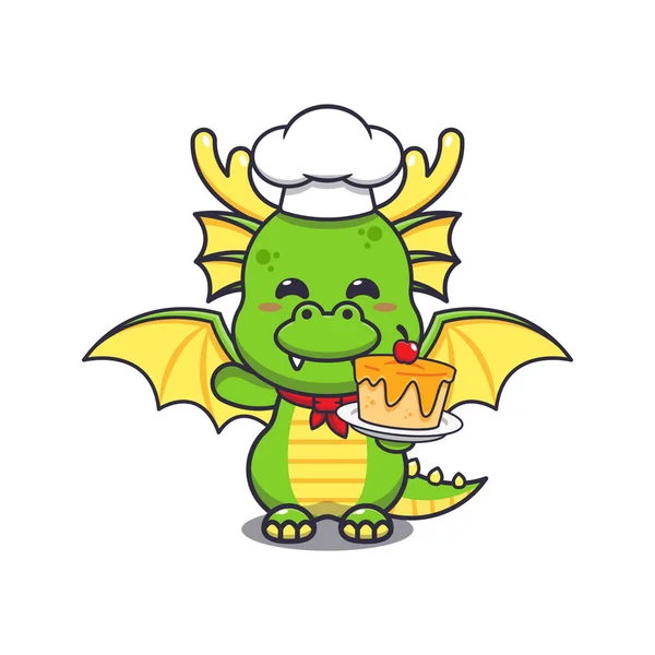 Cute Chef Dragon Mascot Cartoon Character Cake — ストックベクタ