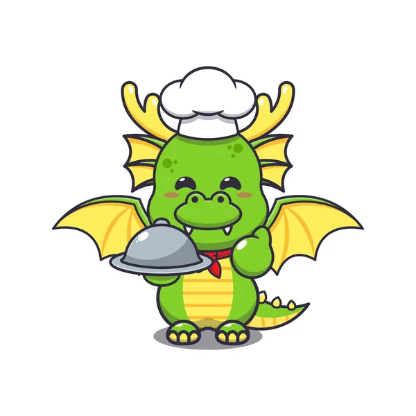 Cute Chef Dragon Mascot Cartoon Character Dish — Vector de stock