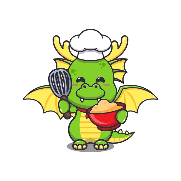 Cute Chef Dragon Mascot Cartoon Character Cake Batter — ストックベクタ