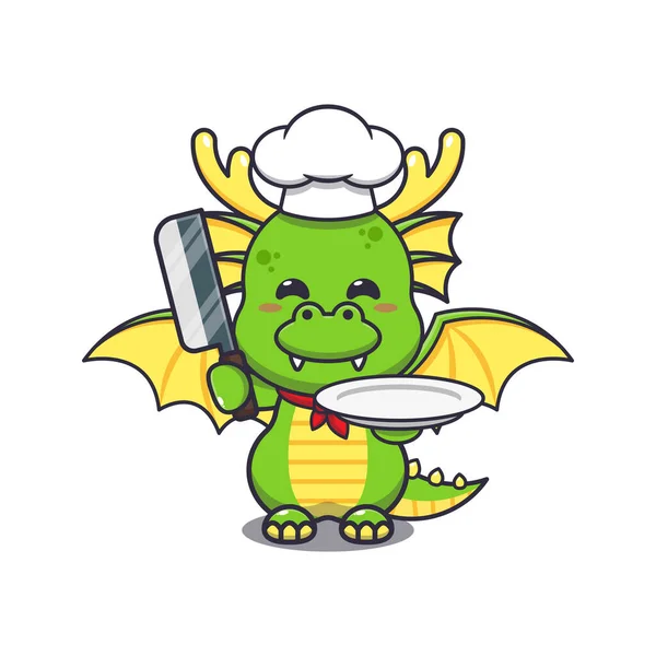 Cute Chef Dragon Mascot Cartoon Character Knife Plate — Archivo Imágenes Vectoriales