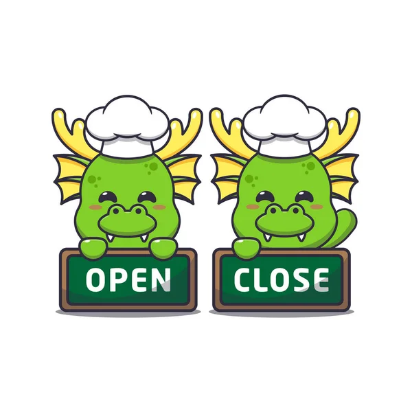 Cute Chef Dragon Mascot Cartoon Character Open Close Sign Board — ストックベクタ