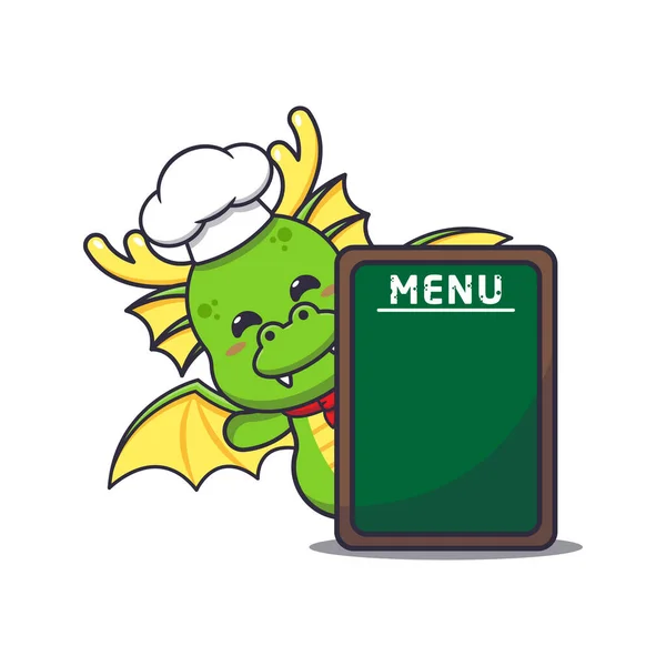 Lindo Chef Dragón Mascota Personaje Dibujos Animados Con Tablero Menú — Archivo Imágenes Vectoriales