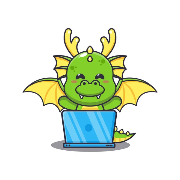 Cute Dragon Laptop Cartoon Vector Illustration — Vector de stock