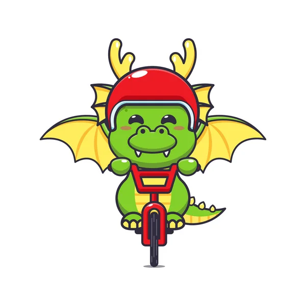 かわいい龍のマスコットキャラクターが自転車に乗る — ストックベクタ