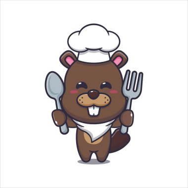 Cute chef beaver holding spoon and fork. Vector cartoon Illustration suitable for poster, brochure, web, mascot, sticker, logo and icon.