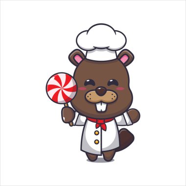 Cute chef beaver holding candy. Vector cartoon Illustration suitable for poster, brochure, web, mascot, sticker, logo and icon.