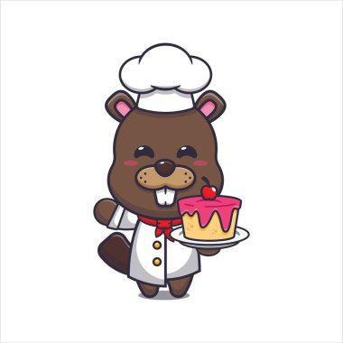 Cute chef beaver with cake cartoon vector illustration. Vector cartoon Illustration suitable for poster, brochure, web, mascot, sticker, logo and icon.