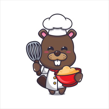 Cute chef beaver with cake batter. Vector cartoon Illustration suitable for poster, brochure, web, mascot, sticker, logo and icon.