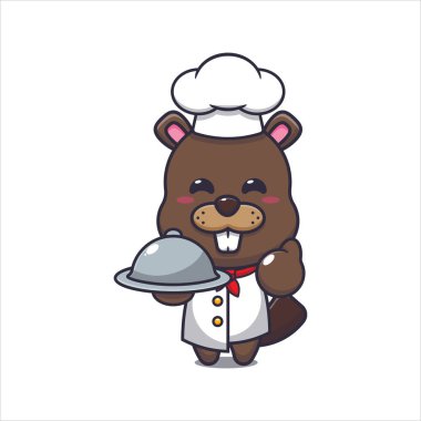 Cute chef beaver with dish cartoon vector illustration. Vector cartoon Illustration suitable for poster, brochure, web, mascot, sticker, logo and icon.