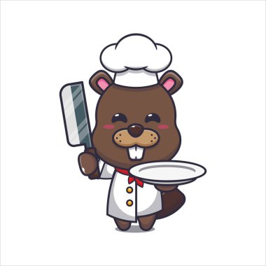 Cute chef  beaver holding knife and plate. Vector cartoon Illustration suitable for poster, brochure, web, mascot, sticker, logo and icon.