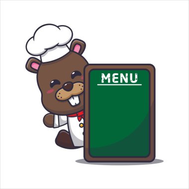 Cute chef beaver with menu board. Vector cartoon Illustration suitable for poster, brochure, web, mascot, sticker, logo and icon.