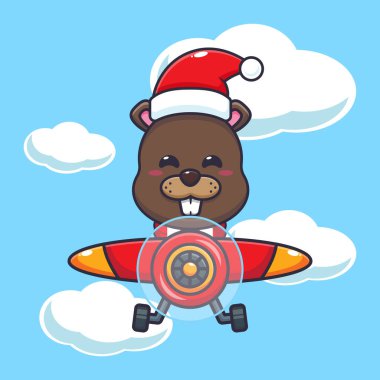 Cute beaver wearing santa hat flying with plane. Cute christmas cartoon vector illustration. Vector cartoon Illustration suitable for poster, brochure, web, mascot, sticker, logo and icon.