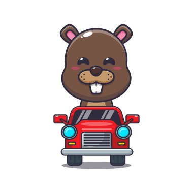 Cute beaver ride on car. Cartoon vector Illustration suitable for poster, brochure, web, mascot, sticker, logo and icon.