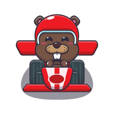 Cute beaver riding a race car. Cartoon vector Illustration suitable for poster, brochure, web, mascot, sticker, logo and icon.