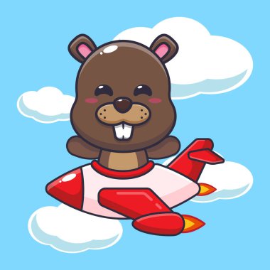 Cute beaver ride on plane jet. Cartoon vector Illustration suitable for poster, brochure, web, mascot, sticker, logo and icon.