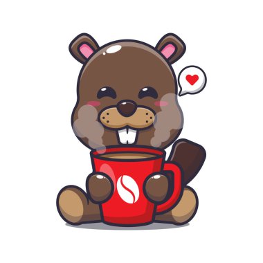 Cute beaver with hot coffee cartoon vector illustration. Vector cartoon Illustration suitable for poster, brochure, web, mascot, sticker, logo and icon.