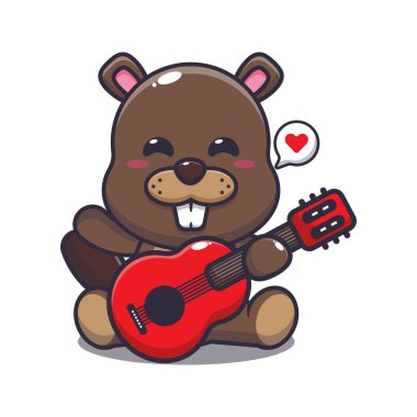 Cute beaver playing guitar cartoon vector illustration. Vector cartoon Illustration suitable for poster, brochure, web, mascot, sticker, logo and icon.