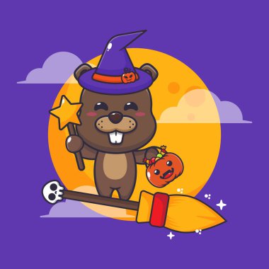 Witch beaver fly with broom in halloween night. Cute halloween cartoon vector illustration.Vector cartoon Illustration suitable for poster, brochure, web, mascot, sticker, logo and icon.