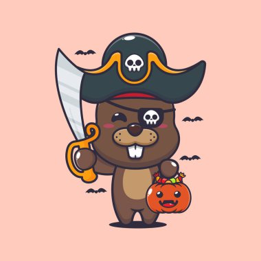 Pirates beaver in halloween day. Cute halloween cartoon vector illustration. Vector cartoon Illustration suitable for poster, brochure, web, mascot, sticker, logo and icon.