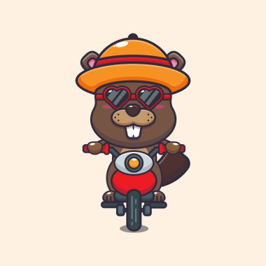 Cool beaver with sunglasses riding a motorcycle in summer day. 