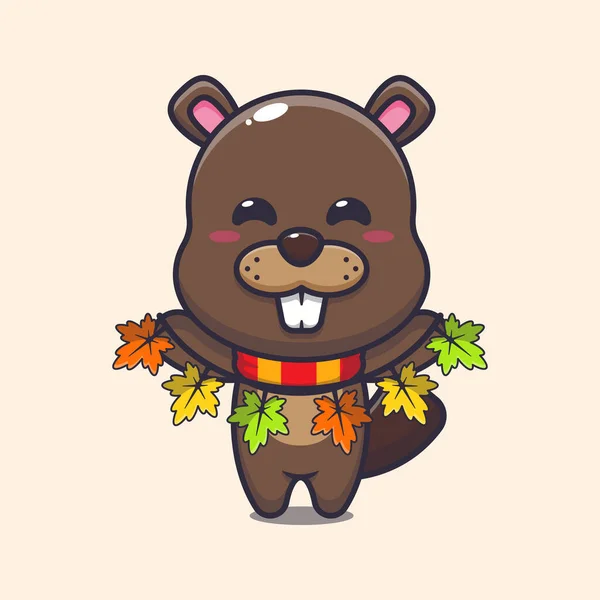 Cute Beaver Autumn Leaf Decoration Mascot Cartoon Vector Illustration Suitable — ストックベクタ