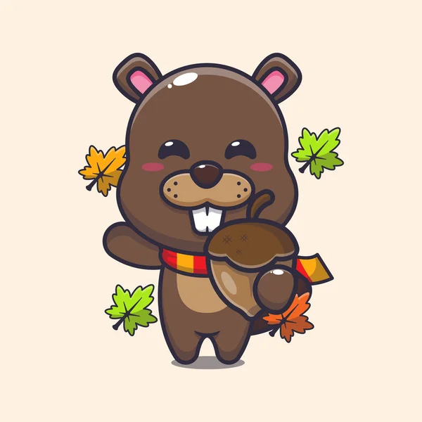 Cute Beaver Acorns Autumn Season Mascot Cartoon Vector Illustration Suitable — 图库矢量图片