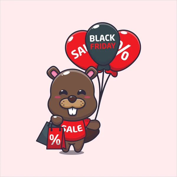 Cute Beaver Shopping Bag Balloon Black Friday Sale Vector Cartoon — Stock vektor