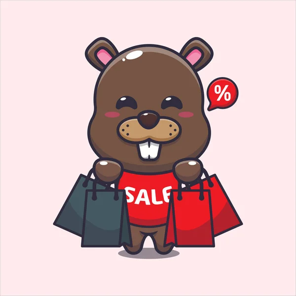 Cute Beaver Shopping Bag Black Friday Sale Vector Cartoon Illustration — Stockový vektor