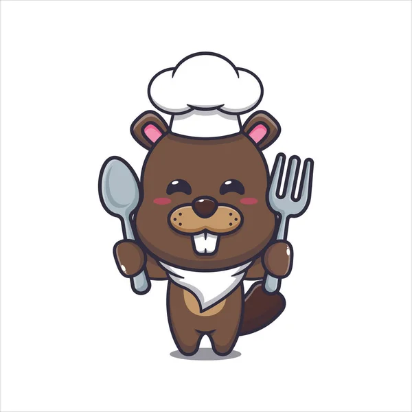 Cute Chef Beaver Holding Spoon Fork Vector Cartoon Illustration Suitable — Stockvektor