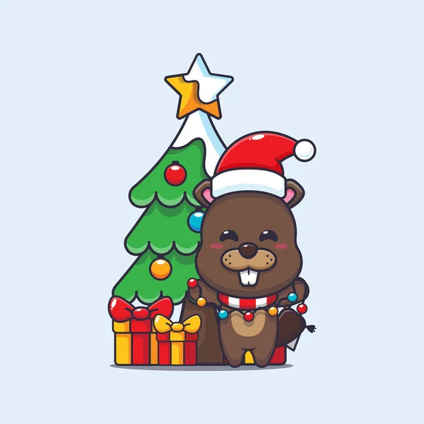 Cute Beaver Christmast Lamp Cute Christmas Cartoon Vector Illustration Vector — Image vectorielle