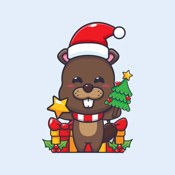 Cute Beaver Holding Star Christmas Tree Cute Christmas Cartoon Vector — Stockový vektor