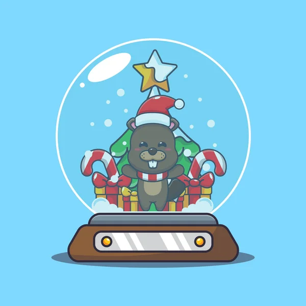 Cute Beaver Snow Globe Cute Christmas Cartoon Vector Illustration Vector — ストックベクタ