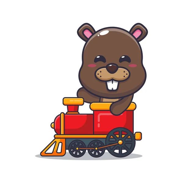 Cute Beaver Ride Train Cartoon Vector Illustration Suitable Poster Brochure — Stock Vector