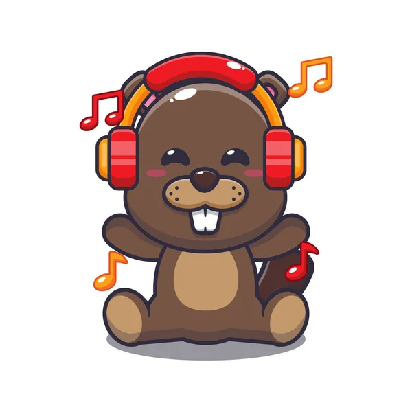 Cute Beaver Listening Music Headphone Cartoon Vector Illustration Vector Cartoon — Stockvector
