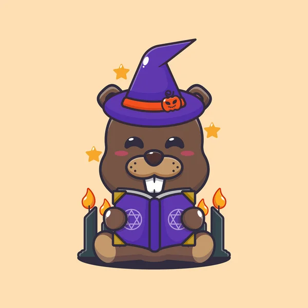 Witch Beaver Reading Spell Book Cute Halloween Cartoon Vector Illustration — Stockový vektor