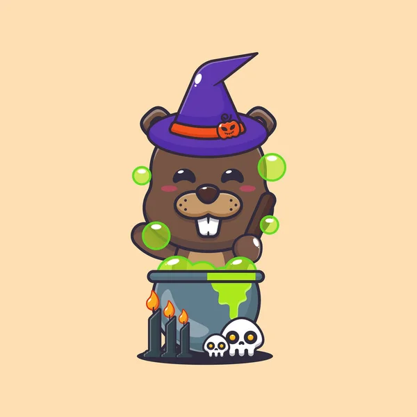 Witch Beaver Making Potion Halloween Day — Vettoriale Stock