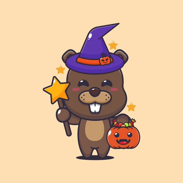 Witch Beaver Halloween Day Cute Halloween Cartoon Vector Illustration Vector — Stockový vektor